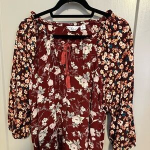 AFF Burgundy Floral Blouse with Pink and White Accents